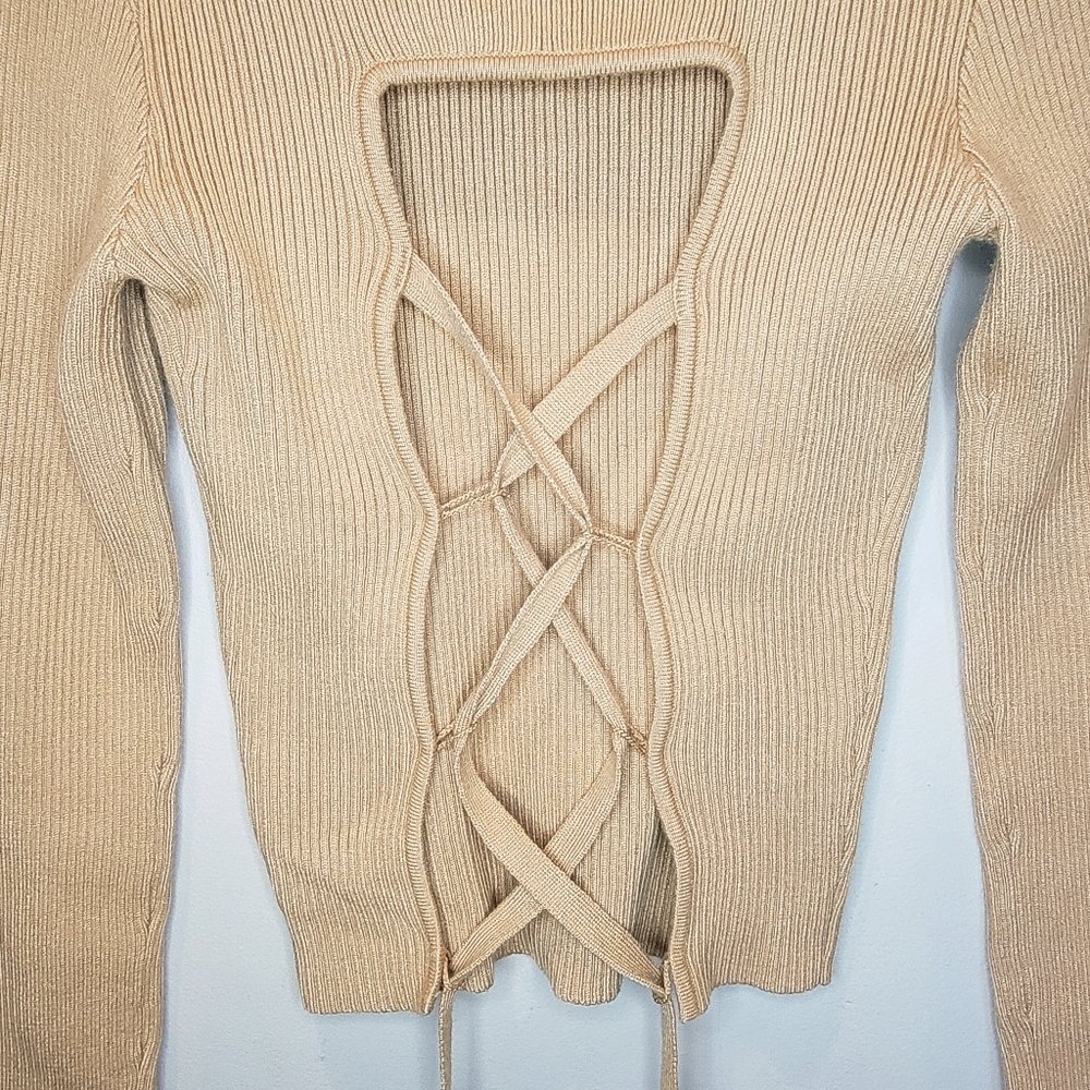 Lulus sweater turtleneck sz M laced back in camel tan